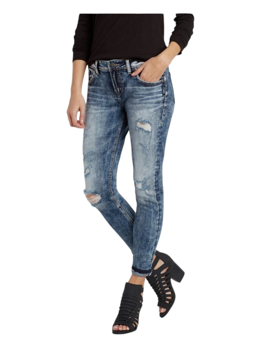 Silver Jeans KENNI Women's Boyfriend Jeans in Distressed Dark Blue W28